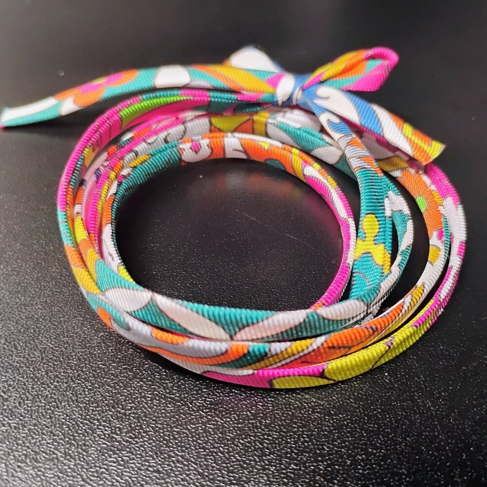 Twilly Silk spaghetti wrap bracelet HERMES multicolor patterns | NEW 46” long - Picture 5 of 8